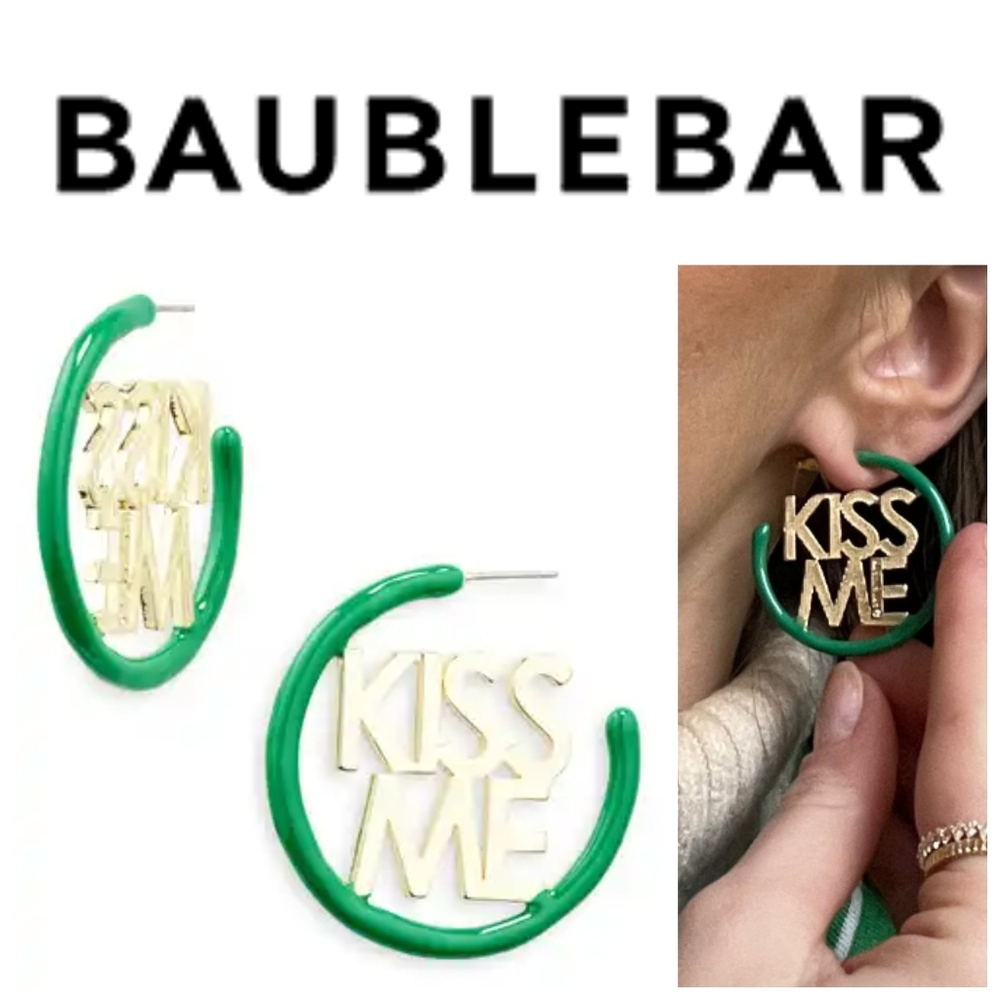 BaubleBar Green and Gold 'Kiss Me' Hoop Earrings
